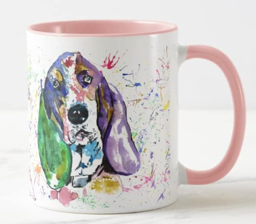 Vixar Basset Hound Hunting Dog Pet Watercolour Rainbow Art Coloured Mug Cup Gift Birthday Work Office Christmas Tea Coffee (Pink)
