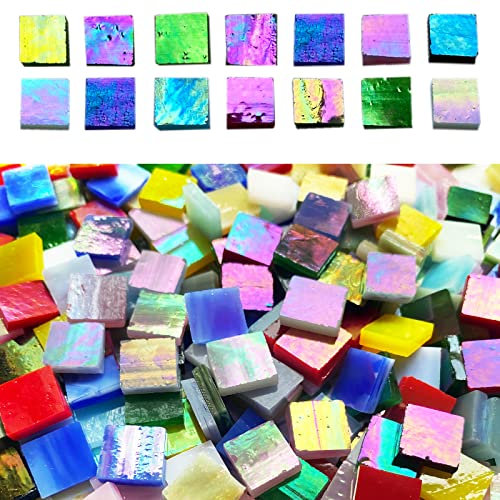 610 Stück schillernde quadratische Glas-Mosaikfliesen, bunte Buntglasscheiben zum Basteln, Buntglas-Zubehör, KALUCION Regenbogen-Mosaik-Set für Erwachsene