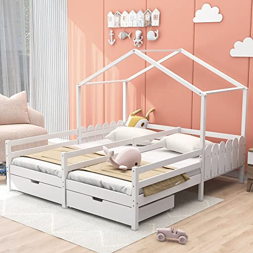 Merax Hausbett 90x200 cm mit 2 Schubladen, für 2 Kinder Doppelbett, Vielseitiges Holz Baumhausbett für Mädchen & Jungen, Stabil Spielbett Gitterbett mit Rausfallschutz und Lattenrost, Weiß
