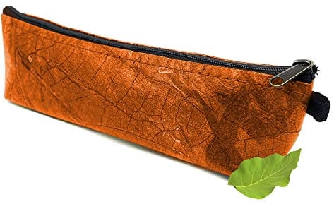 NELUHA Federmäppchen klein aus Teakblättern, vegan nachhaltig Leder Alternative - Federtasche, Kosmetiktasche Stifttasche Schminktasche (Orange)