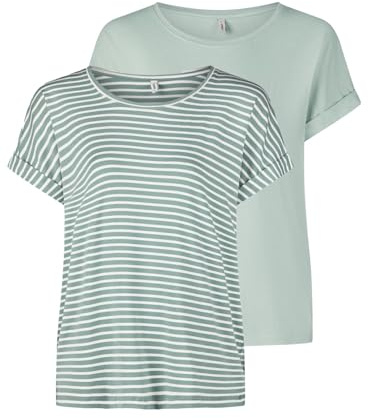 ONLY Tshirt Damen Bluse Top ONLMOSTER 2er Pack Regular Fit Rundhals Basic | Kurzarm Shirt Streifen Braun Blau Rose Grün Schwarz XS S M L XL XXL