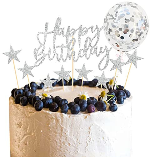 Lollanda Silver Cake Topper for Boys Girls - Happy Birthday Banner With Confetti Balloon Stars Heart for Birthday Party Decoration