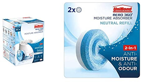 Unibond AERO 360 Compact Moisture Absorber, Ultra-Absorbent Dehumidifier, 1 Refill Tab 450g & UniBond AERO 360° Moisture Absorber Neutral Refill Tab