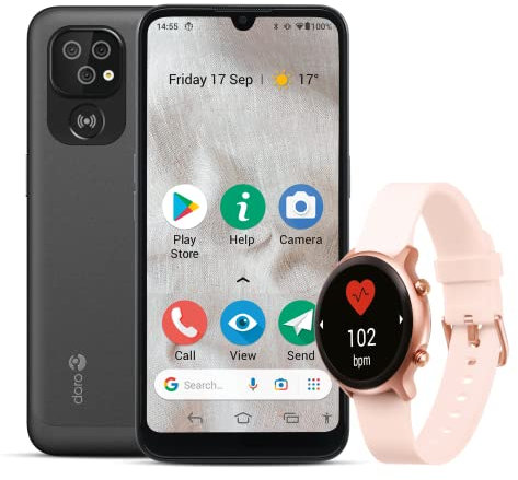 Doro 8100 Watch Bundle - Unlocked 4G Smartphone Seniors - Triple Camera - Water-resistant - 6.1 Display - Assistance Button with GPS - Smart Watch Seniors - Fitness Watch - Activity Tracker