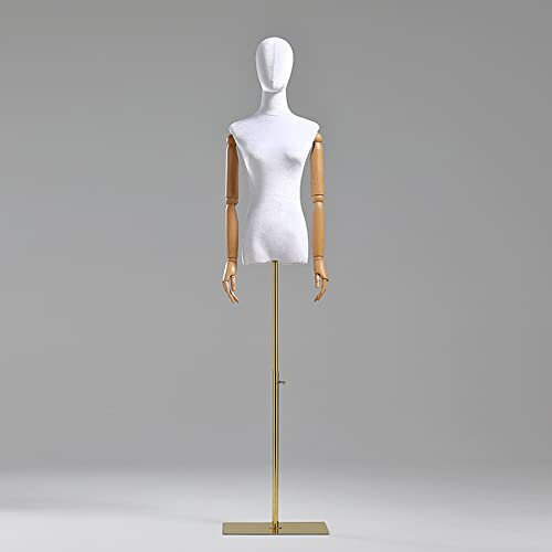 Rozhuhro Schaufensterpuppe Körper Weiblich, Schneiderpuppe Torso mit Hölzernen Arm Abnehmbarer Kopf, Kleiderform Anzeige für Nähpuppe, Höhen Verstellbare,Weiß,B