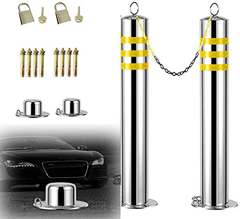 2 Stück Parkpfosten und Absperrkette, 5 m, Edelstahl-Absperrung und Kunststoffketten-Set, reflektierendes Band, Absperrungen mit Aufhängering, einfache Installation (Silber 800 x 76 mm/31,5 x 3 Zoll)