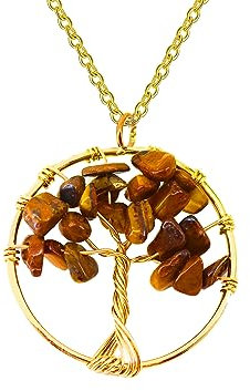 Only faith Collar para Mujer Arbol de Vida con piedras naturales Hecho a mano Acero Inoxidable Amuleto y protección Limpieza de 7 Chakras meditación (Ojo de Tigre Dorado)