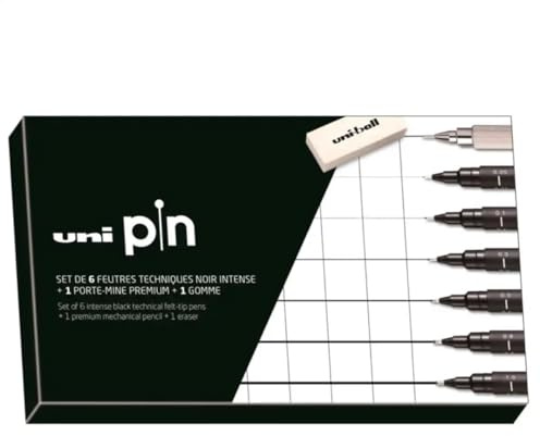 uni-ball Set mit technischen Filzstiften + Druckbleistiften + Radiergummi, schwarz, kalibrierte Spitzen von 0,05 bis 1 mm, 8 Stück