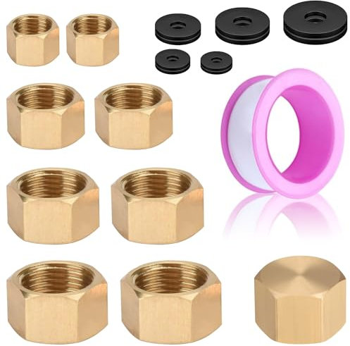 Tapa De Latón 10Pcs Tapón Ciego Hembra Con Arandelas De Goma Tapón De Latón Hexagonal 1/8 1/4 3/8 1/2 3/4 Cinta De Materia Prima Tapon Grifo Para Tuberías De Agua De Jardín Al Aire Libre