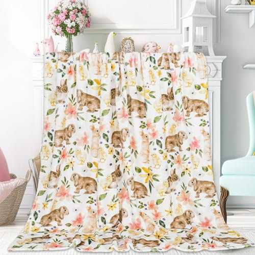 JarThenaAMCS Flauschige Osterdecke, 152,4 x 127,7 cm, Aquarell, Blume, Hase, Überwurf, Decke, weich, warm, Blume, Kaninchen, Decke für Frühling, Zuhause, Stuhl, Sofa, Couch, Bett
