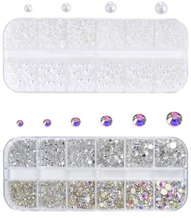Rhinestones & Pearls Nail Art Decoration - 2 Boxes, 48pc 3D & Flat Back Crystal Nails, AB, White, DIY Crafts