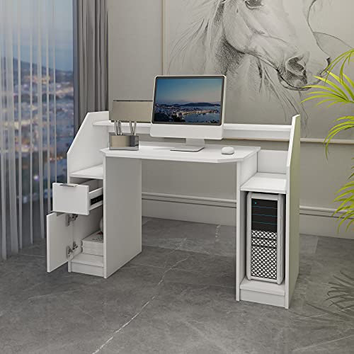 ML-Design Computertisch mit Schublade, Tür, Stauraum und offenen Ablagefächern, 123,2x90 cm, Weiß, Holz, Bürotisch für Home Office, Gaming Schreibtisch, Arbeitstisch PC-Tisch Gaming Tisch Büromöbel