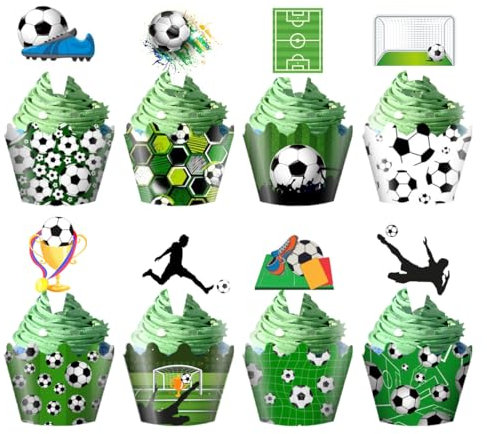 YHUIKXIN Fußball Muffins Deko, 48 Stück Fussball Cupcake Topper Fußball Kuchen Dekoration Muffinschalen Tortendeko Fussball Party Tortenaufleger für Kindergeburtstag Babyparty