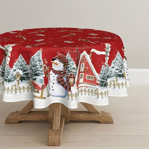 Artoid Mode Rot Haus Schnee Bäume Zaun Schneemann Weihnachten Tischdecke Rund 120 cm, Winter Fleckschutz Tischwäsche Küche Dekoration Party Dekor