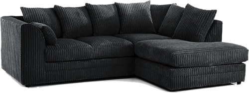 New Gamzo Fabric Corner Sofa Silver | Soft Jumbo Cord 3-4 Seater Corner Sofa Left/Right Hand Facing) (Black, Right Hand Facing)