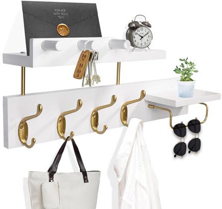 Lampaggio Garderobenleiste Wandhalterung mit Ablage, 4 in 1 Holz Weiß Kleiderhaken mit Schlüssel und Post Halter, 43.2 cm Eingang Hängeregal mit Sonnenbrillenhalter und 4 Metallhaken für Kleidung Hüte