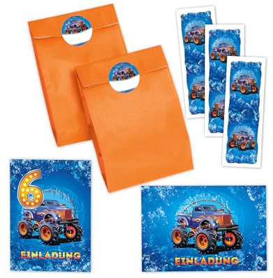 JuNa-Experten 10 Einladungskarten zum 6. Kindergeburtstag Jungen Auto Monster-Truck Einladungen sechste Geburtstag incl. 10 Umschläge, 10 Partytüten/orange, 10 Aufkleber, 10 Lesezeichen
