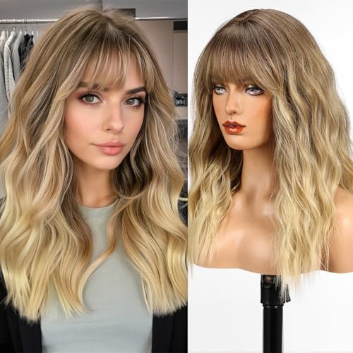 WOKESTAR Lange Perücke mit Fransen Synthetische gewellte Perücken für Frauen Ombre Braun bis Blond Farbe