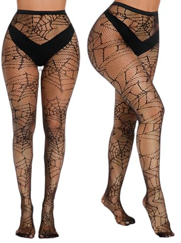 Medias Rejilla Mujer Halloween, Medias de Rejilla de Patrón con Araña & Calavera, Mujeres Sexy Elástico Medias, Medias de Malla Negra Gótica, Halloween Mujeres Sexy Elástico Medias, Negra