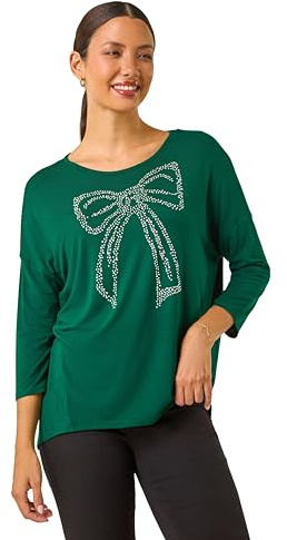 Roman Originals Stretchy Top for Women UK - Ladies Jersey Blouse Smart Casual Tunic Work 3/4 Length Sleeve Round Neck Boat Neckline Flattering Autumn Winter - Forest Green - Size 12