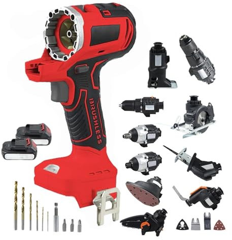 COUCHO Cordless Hand Drill Woodworking Power Tool Combo Kit, 10 In 1 Brushless Power Tool Set, Recip Saw Jig saw Circular Saw Chainsaw Oscillating Tool, Screwdriver Wrench Impact Drill Sander(Red)
