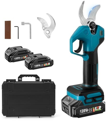 Cortador de ramas inalámbrico con 2 pilas de 1500 mAh, podadora sin escobillas con 2 velocidades, pantalla digital, diámetro de corte de 30 mm, piedra de afilar y cuchillas de repuesto