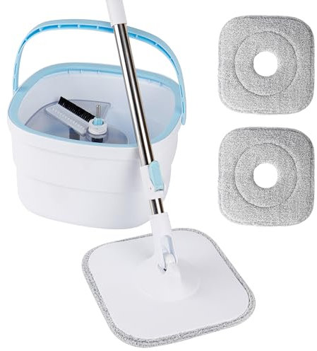 PTSUPLES Wischmopp Set mit Eimer – 360° Spin Mop für Holz-, Fliesen- und Marmorfußböden, Bodenwischer-Set mit Zwei austauschbaren Mikrofaser-Wischbezügen