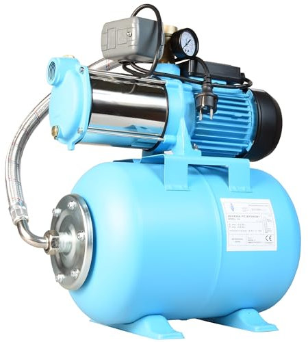 Hauswasserwerk MAX-H 1300 - Kreiselpumpe (6000 l/h 1300 W, Förderhöhe 55m) - 24L Druckkessel - Hauswasserautomat mit Druckschalter Manometer - Wasserpumpe Edelstahl INOX für Gartenbewässerung 24 Liter