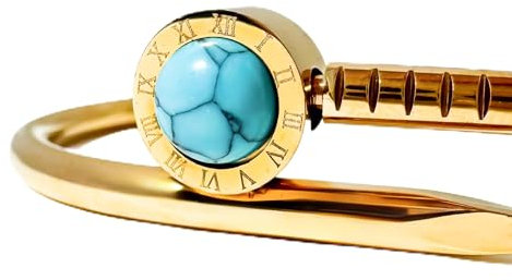 Generico Bracciale Donna Chiodo in Acciaio Oro 14K con Pietra Turchese – Design Moderno con Dettagli a Orologio – Regalo Elegante