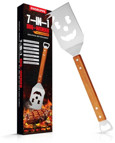 ENGRUPPE 7-in-1 BBQ Spatula Stainless Steel with Wooden Handle - Multifunctional Grill Spatula with Bottle Opener, Scraper Edge & Design Cut-Out Men & Father's Day