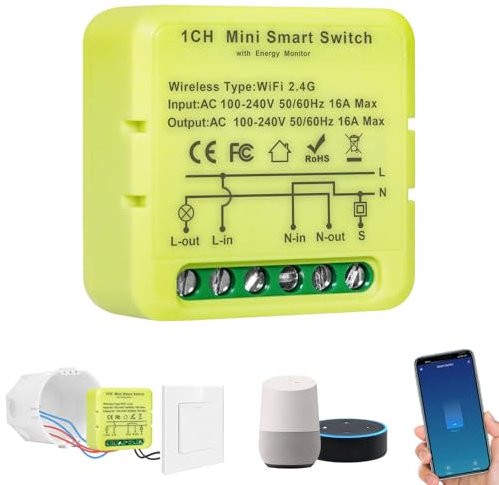1 unità interruttore wifi smart life, MINI smart switch, interruttore intelligente, controllo APP/Vocale/Timer, Compatibile con Alexa, Google Home, Smart Life, Tuya, Filo di neutro richiesto