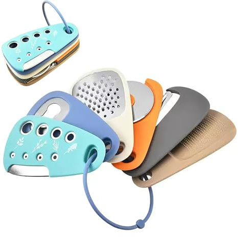 6-in-1 Stainless Steel Kitchen Tool Set - Dishwasher Safe Space Saving Gadgets for Home & Camping: Cheese Grater, Pizza Cutter, Garlic Grinder + Bottle Opener & Peeler