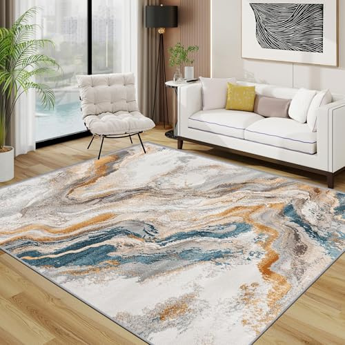 AUWUUA Waschbar Marmor Teppich Wohnzimmer 180x240cm Gold Blau Grau Luxuriös Abstrakt Teppich für Schlafzimmer Esszimmer, Weich Kurzflor rutschfest Fußmatten für Eingang Heimbüro