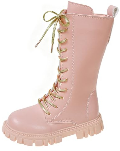 Stivali Bambine Ragazze Invernali Alti in Pelle 4-12 Anni Suola Spessa con Lacci e Zip Laterale Anfibi Stile Principessa Elegante Comode Stivaletti Equitazione Impermeabili Scarpe Casual,Rosa,35