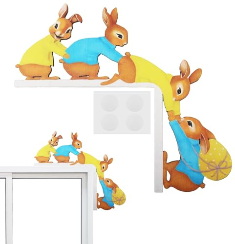 Xbessc Türrahmen Deko Ostern Osterdeko Türecken aus Holz | Osterhasen Türschild Dekorationen Holzrahmen Eckdekoration mit Hase Holzskulptur für Tür Fenster Kamin Kühlschrank