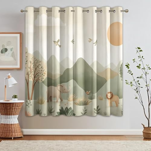 DSRDRFG Blickdicht Vorhänge Safari Kinderzimmer 100x164cm(BxH) Cartoon Löwe Elefant Safari-Tiere Gardinen mit Ösen, Verdunklungsvorhänge für Schlafzimmer Wohnzimmer Fenster Deko, 2er Set