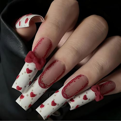 Tastetreasure 24 Pcs Press on Nails Long Square, 3D Red Flocking Bow & Heart Design Valentine's Day Fake Nails, Luxury French Tip False Nails with Glue Stickers & Nail File Kit, Reusable Stick on
