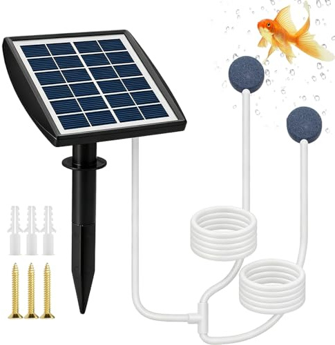 HIULLEN Solar Pond Aerator, 2w Solar Powered Air Pump, Solar Oxygenator Air Pump, Solar Pond Oxygenator with 2.5m Pipe and 2 Air Bubble Stones, for Outdoor Garden Small Pond Fish Tank Pool Hydroponic
