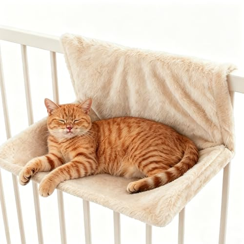 Cat Bed for Heaters, Cat Heating Lounger with Cuddly Plush Cover, Cat Hammock Heating, Cuddly Cat Heating Lounger, Heating Lounger Cats for All Radiators (Beige)