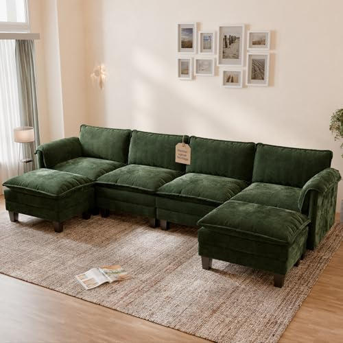 ELUCHANG XXL Wohnlandschaft U-Form, 336cm Breit Modulares Sofa 4-Sitzer, Chenille Couch mit 2 Ottomanen, 62cm Sitztiefe, Schlafsofa-Funktion, Werkzeuglose Montage, Grün
