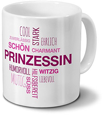 printplanet Tasse mit Namen Prinzessin Positive Eigenschaften Tagcloud - Pink - Namenstasse, Kaffeebecher, Mug, Becher, Kaffeetasse