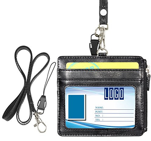 Wisdompro® Porte-badge horizontal en similicuir avec 1 fenêtre pour carte d’identité, 4 fentes pour cartes, 1 poche zippée sur le côté et 1 lanière tour de cou de 48 cm Noir