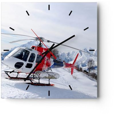 Modern Wanduhr Hubschrauber Berge Gipfel Winter 40x40cm Quadrat Groß Wand Uhr Glas Analog Zimmeruhren Küche Büro Wohnzimmer Glasuhr Wall Clock Dekoration Design Wanddekoration Küchenuhr C3AC40x40-1572