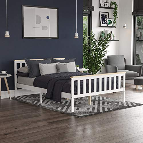 Vida Designs Milan Double Bed, 4ft6, Bed Frame, Solid Pine Wood, Headboard, High Foot End Bedroom Furniture, White And Pine