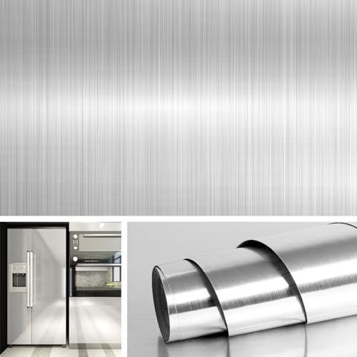 Livelynine 40CMX10M Klebefolie Silber Edelstahl Selbstklebende Folie Metallic Folie Selbstklebend Möbelfolie Kühlschrank Folie Geschirrspüler Schränke Spritzschutz Küche Selbstklebend Dekorfolie