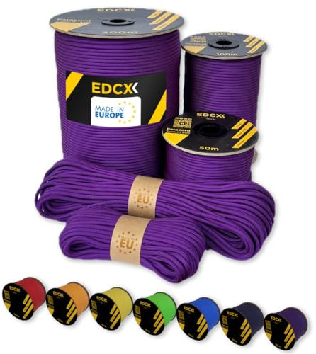 EdcX Paracord 4mm, 35+ Solid Colors (10m, 15m, 30m, 50m, 100m, 300m) | Ideal for Crafting, DIY, Camping, Survival, Outdoor | 100% Nylon Rope 4mm | Tactical Cord 550 Type III (Purple, 50 m)