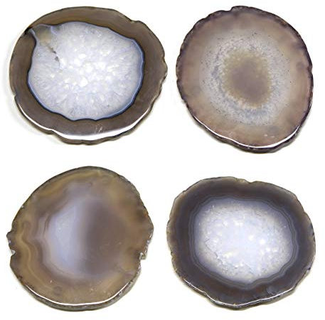 FOLKOR LIFE Untersetzer aus natürlichem Achat für Getränke, Geodenstein-Untersetzer, Scheiben, 4 Stück, Edelstein-Trinkgeschirr, Bar-Glasuntersetzer für Couchtisch, 8,9–10,2 cm, Achat-Dekor für