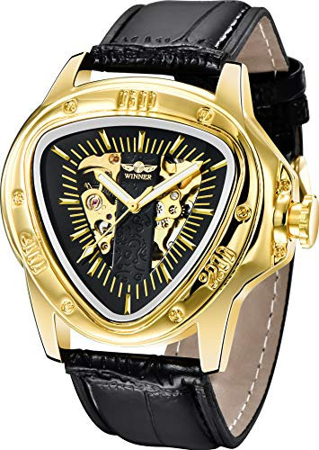 Mode automatische mechanische Herren-Armbanduhr Triangle Racing Dial Goldenes Skelett-Zifferblatt (W996-Gold Black)