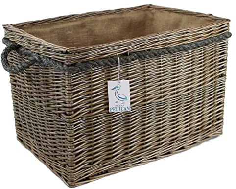 Range of Antique grey Wicker log baskets. Rope handles. Wood & kindling storage for home hearths and fireplace. Or shoes and toys (58 cm, Square)