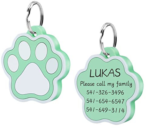 CAMAL 2 Piezas Chapa Perro Grabada, Silenciosa Silicona Chapas Personalizadas, Placa de Identificación Personalizada para Collar Perro Gato Mascota Grabada, Forma de Huella, Verde
